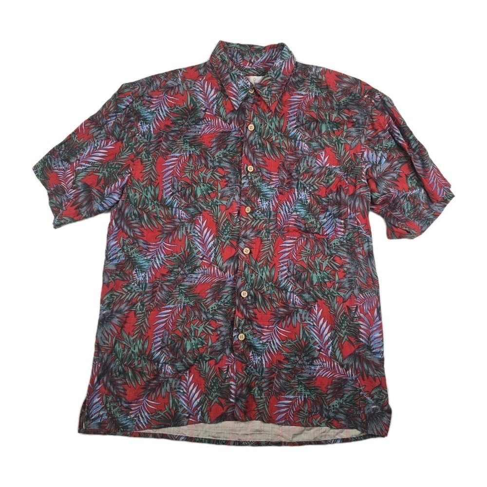 Bill Blass Silk Cotton Hawaiian Shirt Mens Large Red Tropical Palm Leaf Print